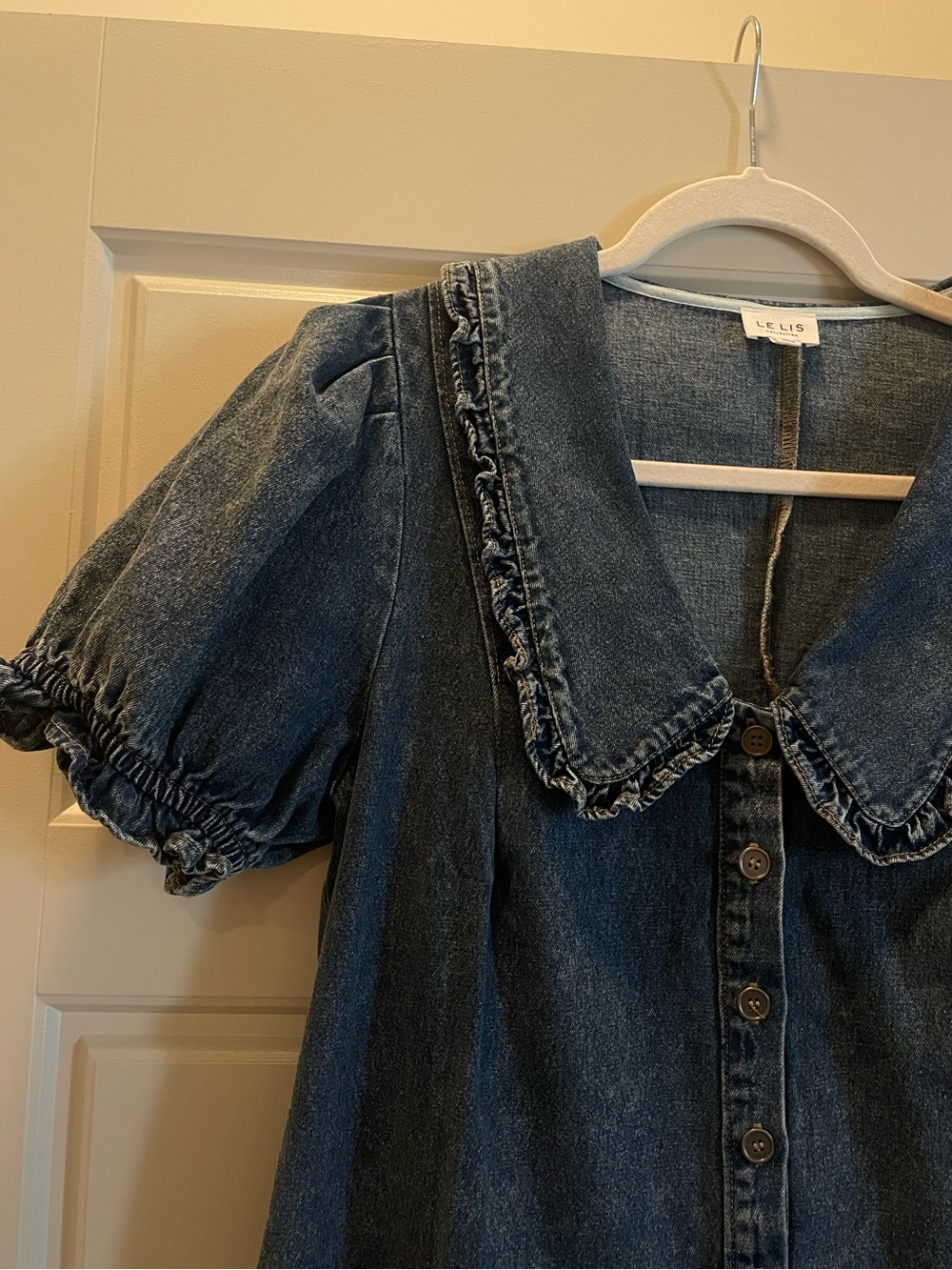 Le Lis Dark Denim Short Romper with Peter Pan Collar - Picture 2 of 7